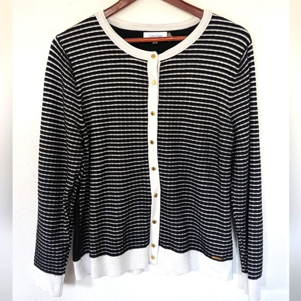 Calvin Klein Cardigan Women XL Black White Striped Button Front Gold Hardware